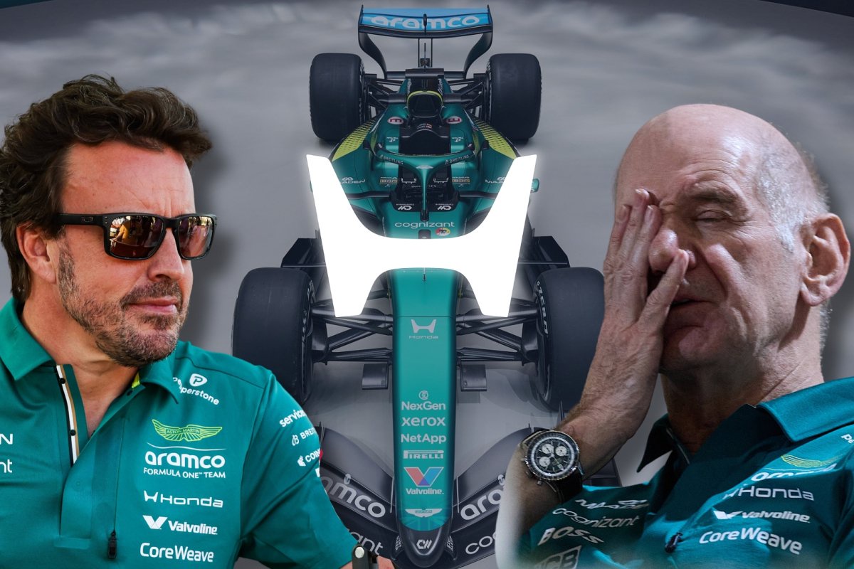 Fernando Alonso and Adrian Newey look towards a Honda logo with an Aston Martin car in the background — Photo: © IMAGO