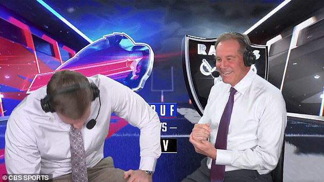 Watt invited his 67-year-old broadcast partner to test his grip by executing a famous 'peanut punch' - but his grip didn't budge when Nantz drove his fist into the ball