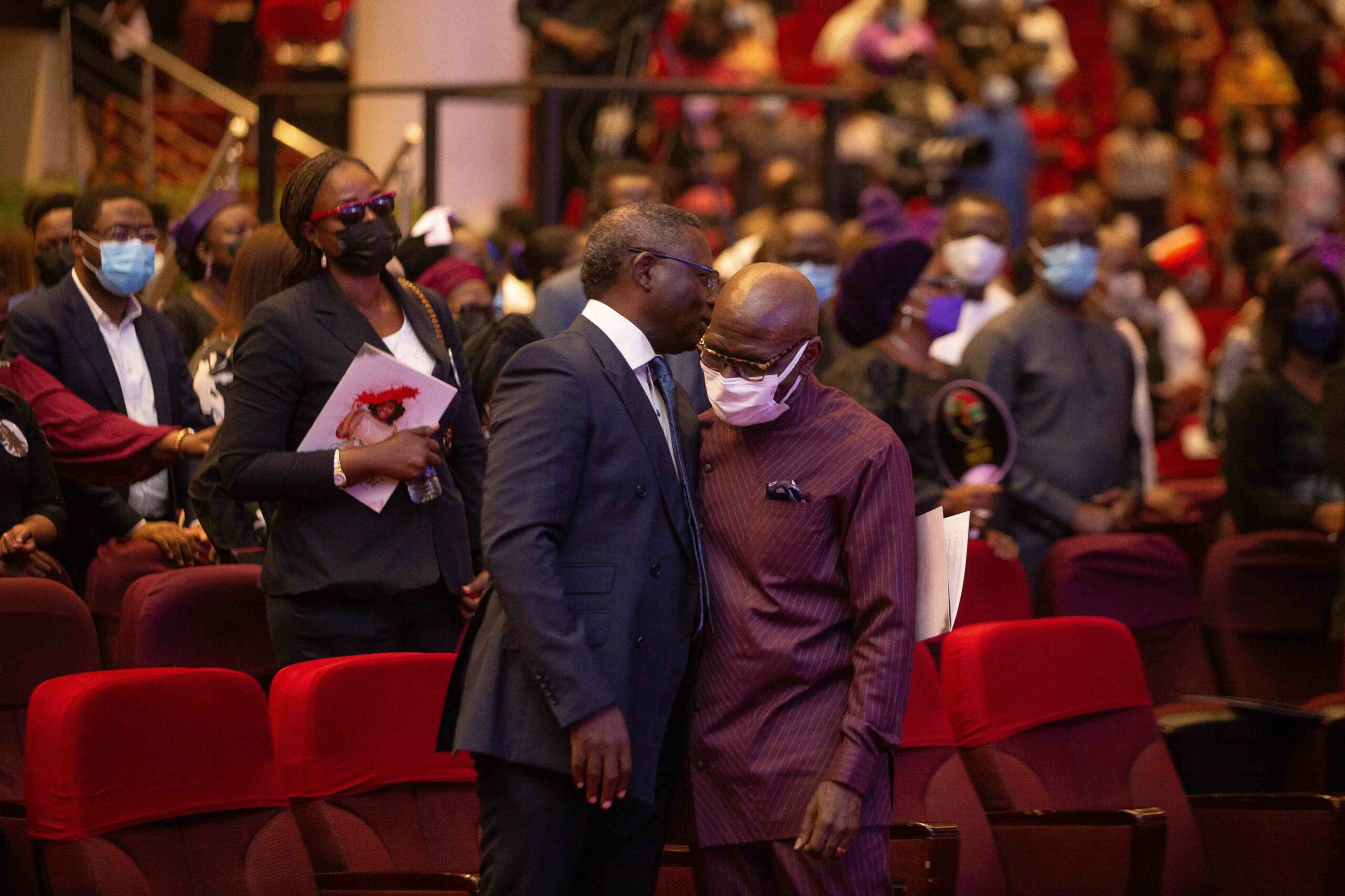 Pastor Matthew Ashimolowo and Pastor Taiwo Odukoya, husband of the deceased at the funeral service of the late Pastor Nomthi Odukoya in Lagos, on Tuesday