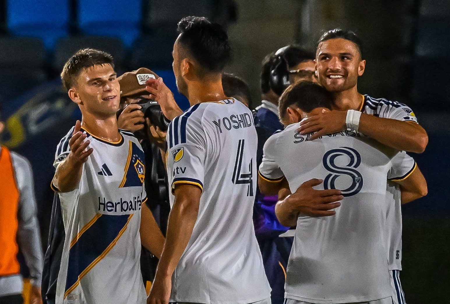 The Galaxy celebrate during their victory over the Portland Timbers on Wednesday, Oct. 14, 2026, at Dignity Health Sports Park. (Photo by Gil Castro-Petres, Contributing Photographer)
