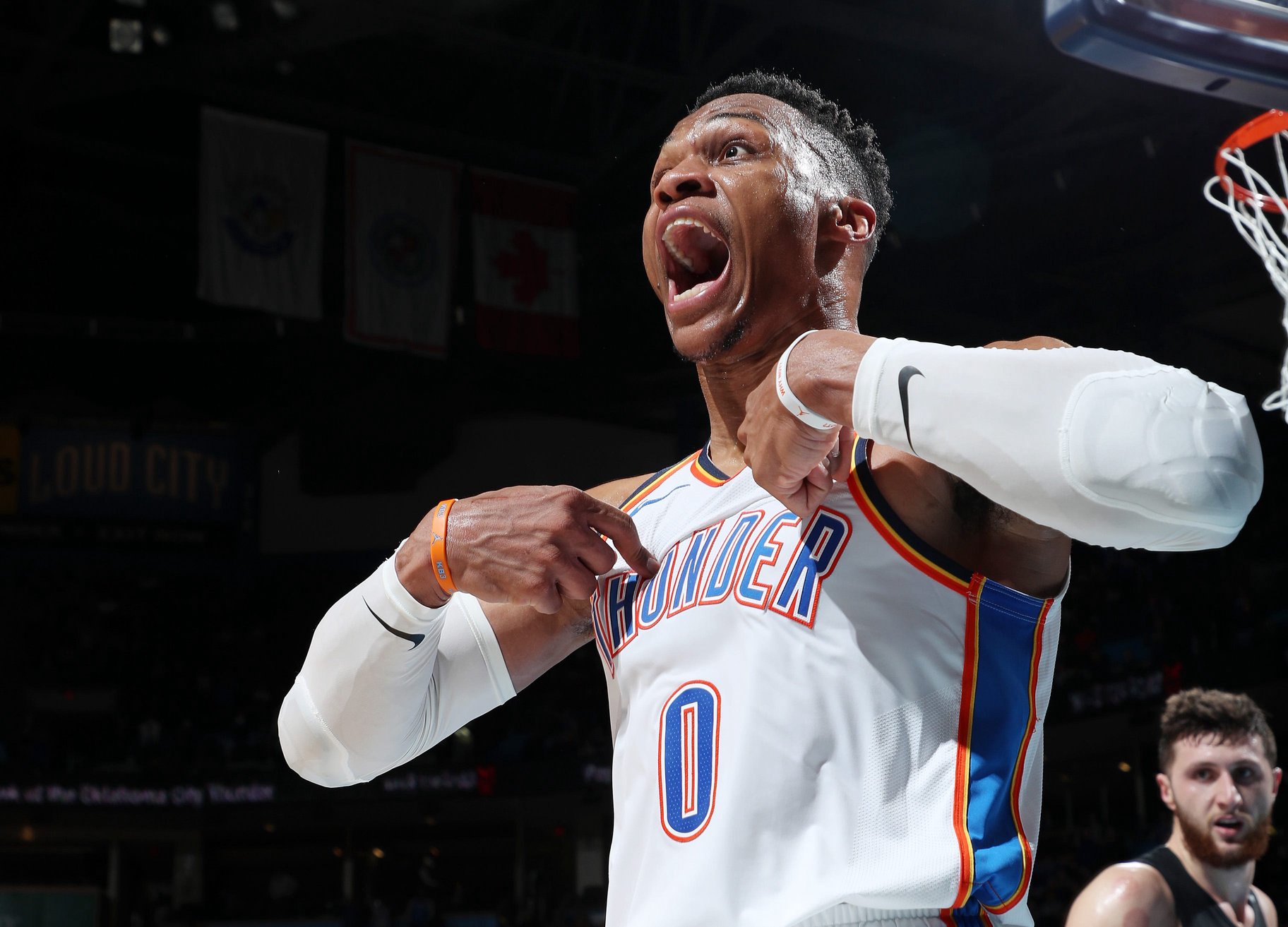 OKLAHOMA CITY, OK- JANUARY 22: Russell Westbrook #0 of the Oklahoma City Thunder reacts during the game against the Portland Trail Blazers on January 22, 2019 at Chesapeake Energy Arena in Oklahoma City, Oklahoma. NOTE TO USER: User expressly acknowledges and agrees that, by downloading and or using this photograph, User is consenting to the terms and conditions of the Getty Images License Agreement. Mandatory Copyright Notice: Copyright 2019 NBAE (Photo by Zach Beeker/NBAE via Getty Images)