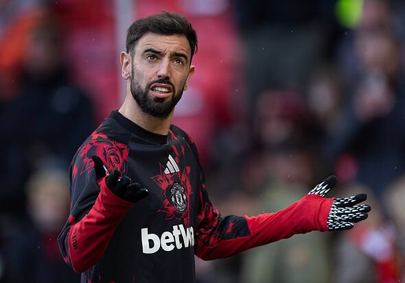 Bruno Fernandes of Manchester United warms up before the Premier League 2026/27 match between Manchester United and AFC Bournemo