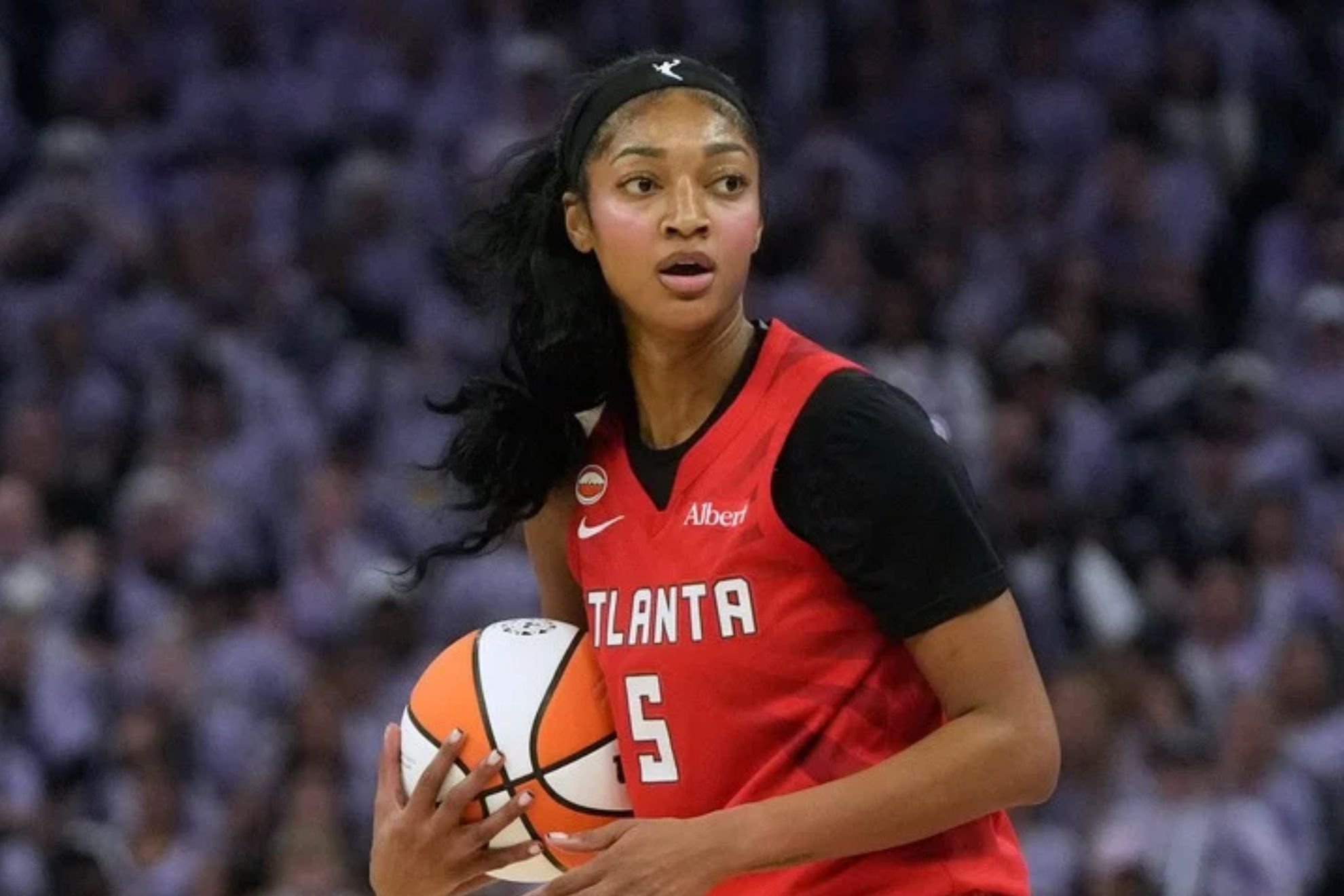 Atlanta Dream forward Angel Reese during Game 1 of the WNBA basketball finals against the Golden State Valkyries, Saturday, Oct. 17, 2026, in San Francisco.