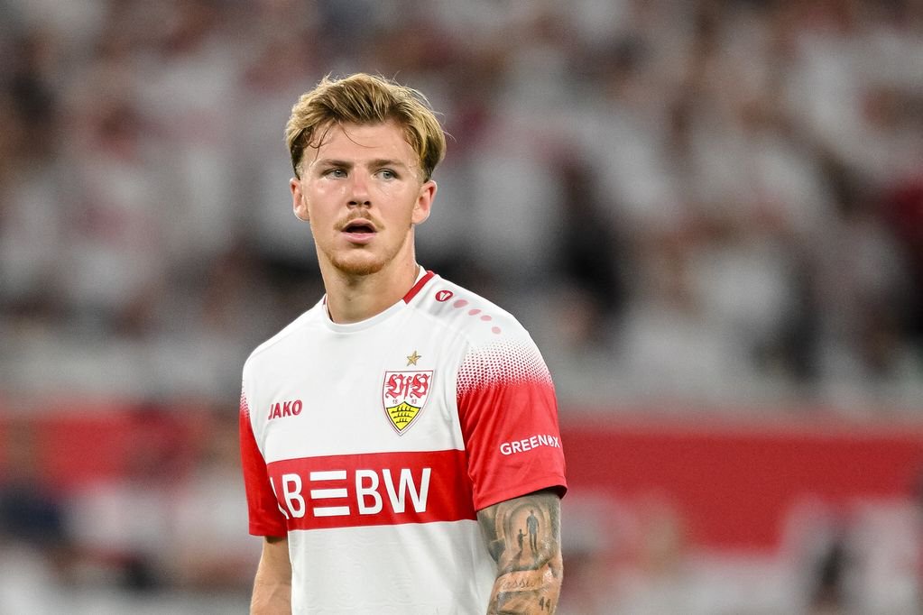 Finn Jeltsch of VfB Stuttgart looks on during the Bundesliga 2026/27 match between VfB Stuttgart and 1. FC Köln at MHPArena