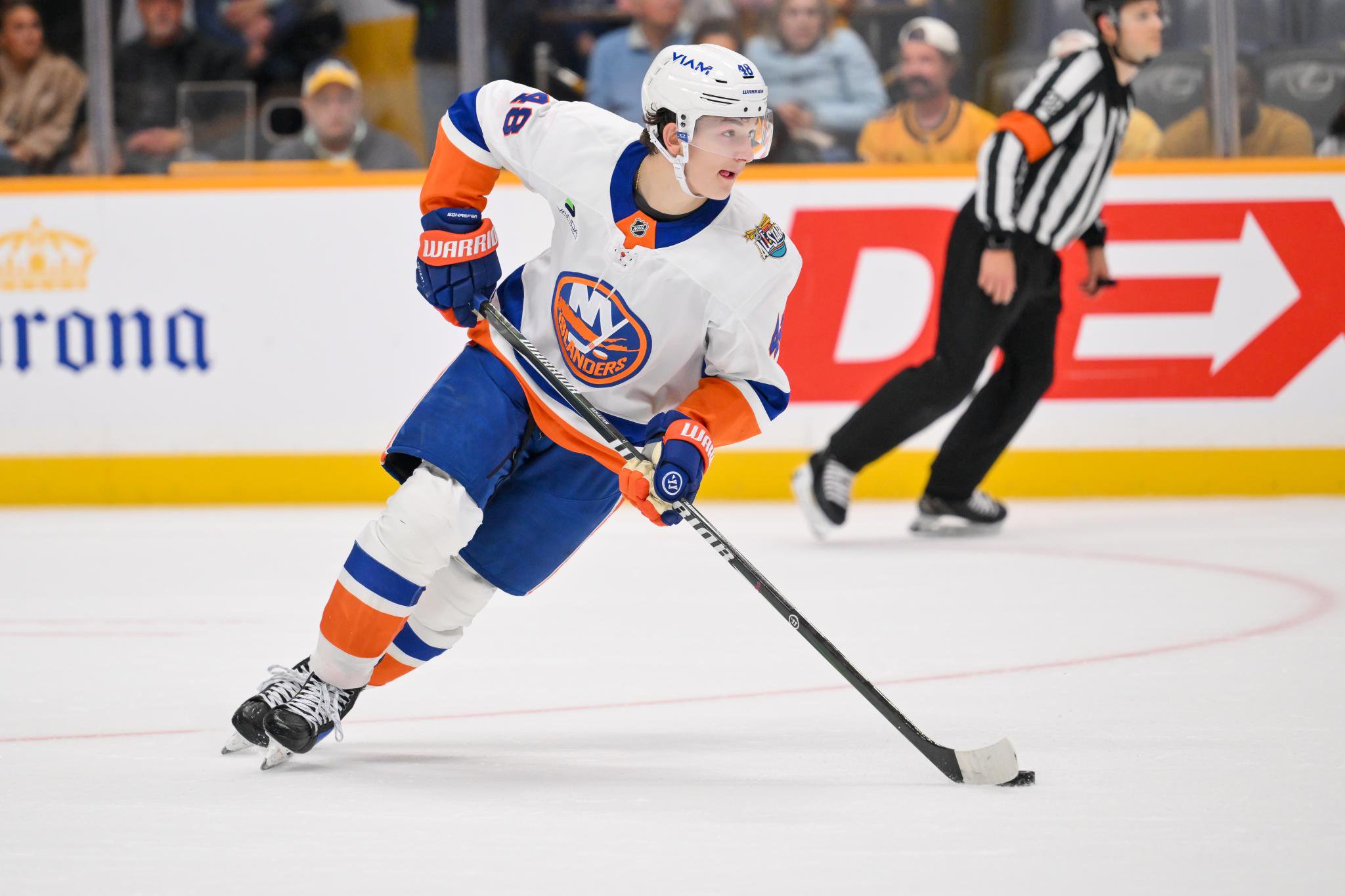 New York Islanders defenseman Matthew Schaefer (48) skates with the puck against the Nashville Predators during the second period of an NHL hockey game at Bridgestone Arena in Nashville, Tennessee, Tuesday, Oct. 27, 2026.