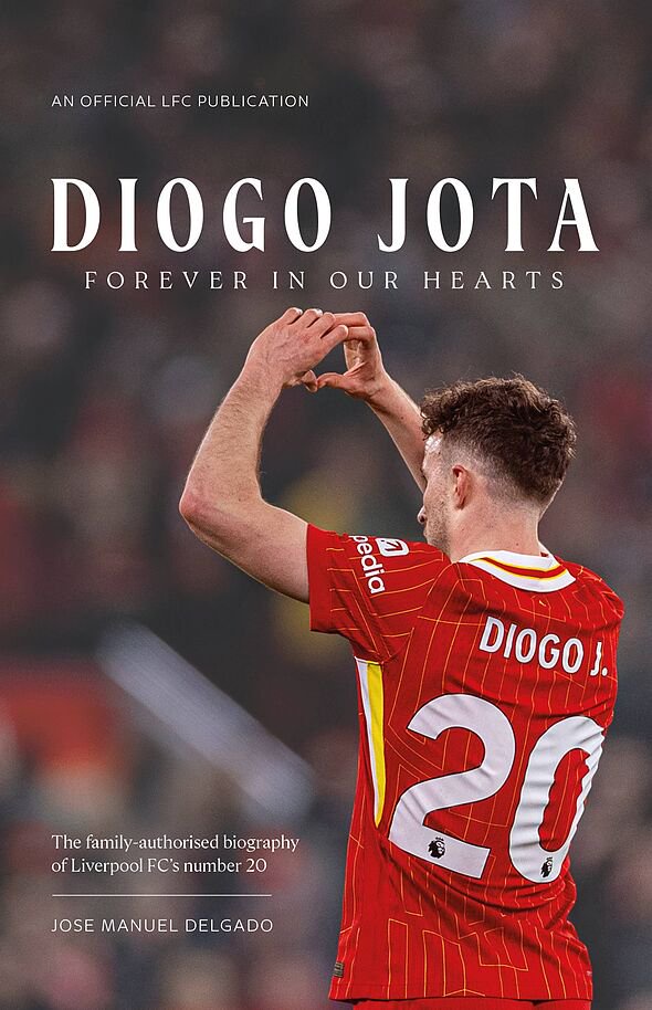 A sports figure is captured mid-celebration, forming a heart shape with their hands. The text "DIOGO JOTA FOREVER IN OUR HEARTS"