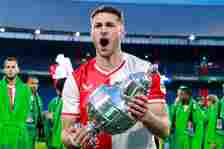 Santiago Gimenez of Feyenoord with the trophy during the TOTO KNVB Cup final match between Feyenoord and NEC at Stadion Feyenoord on April 21, 2024...