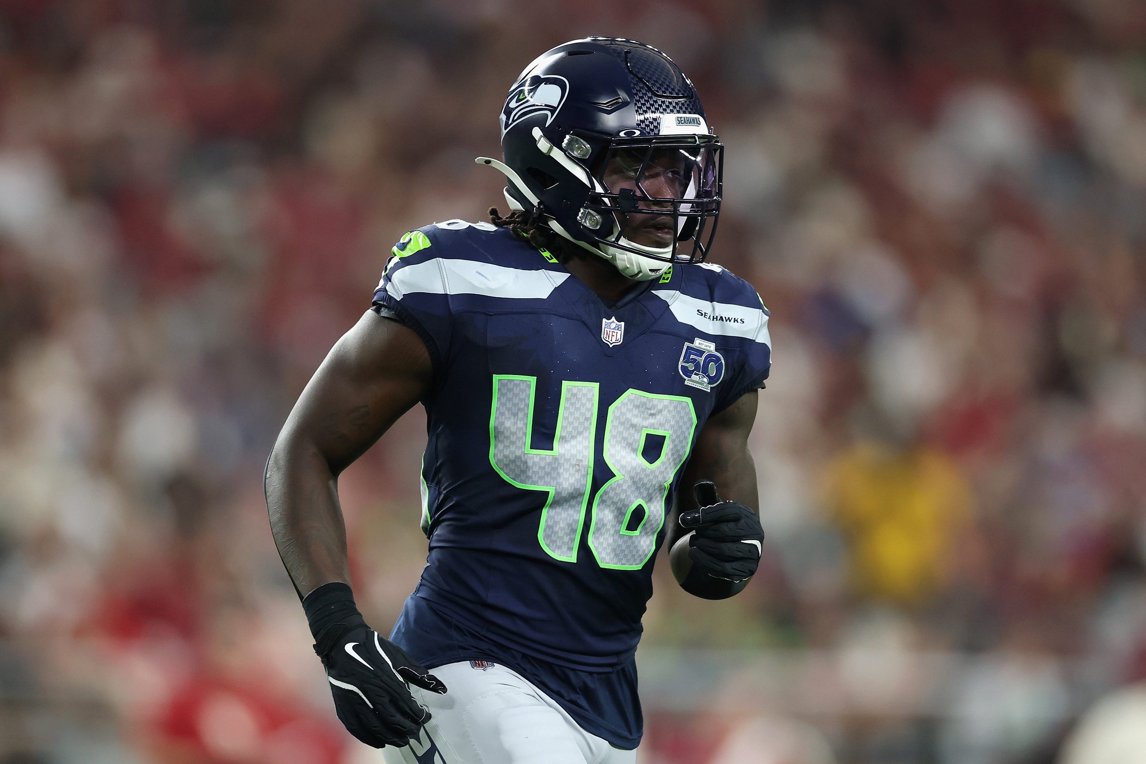 GLENDALE, ARIZONA - SEPTEMBER 25: Tyrice Knight #48 of the Seattle Seahawks during the NFL 2025 game at State Farm Stadium on September 25, 2025 in Glendale, Arizona. The Seahawks defeated the Cardinals 23-20. (Photo by Christian Petersen/Getty Images)