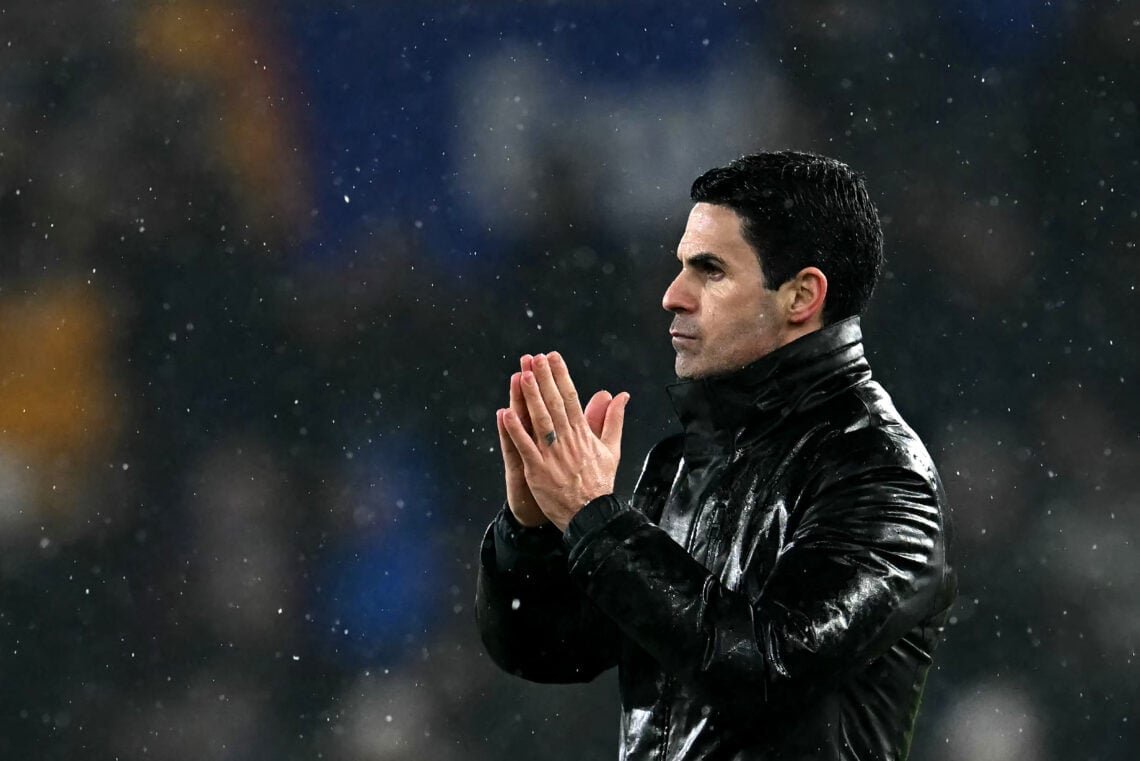 Mikel Arteta applauds the fans after Arsenal's game against Wolves