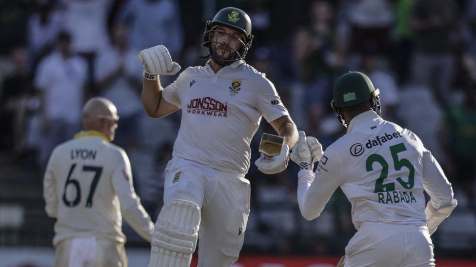 South Africa's Wiaan Mulder celebrates century against Australia on day four of third Test in Cape Town