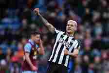 Bruno Guimaraes of Newcastle United celebrates scoring his team's third goal during the Premier League match between Burnley FC and Newcastle Unite...