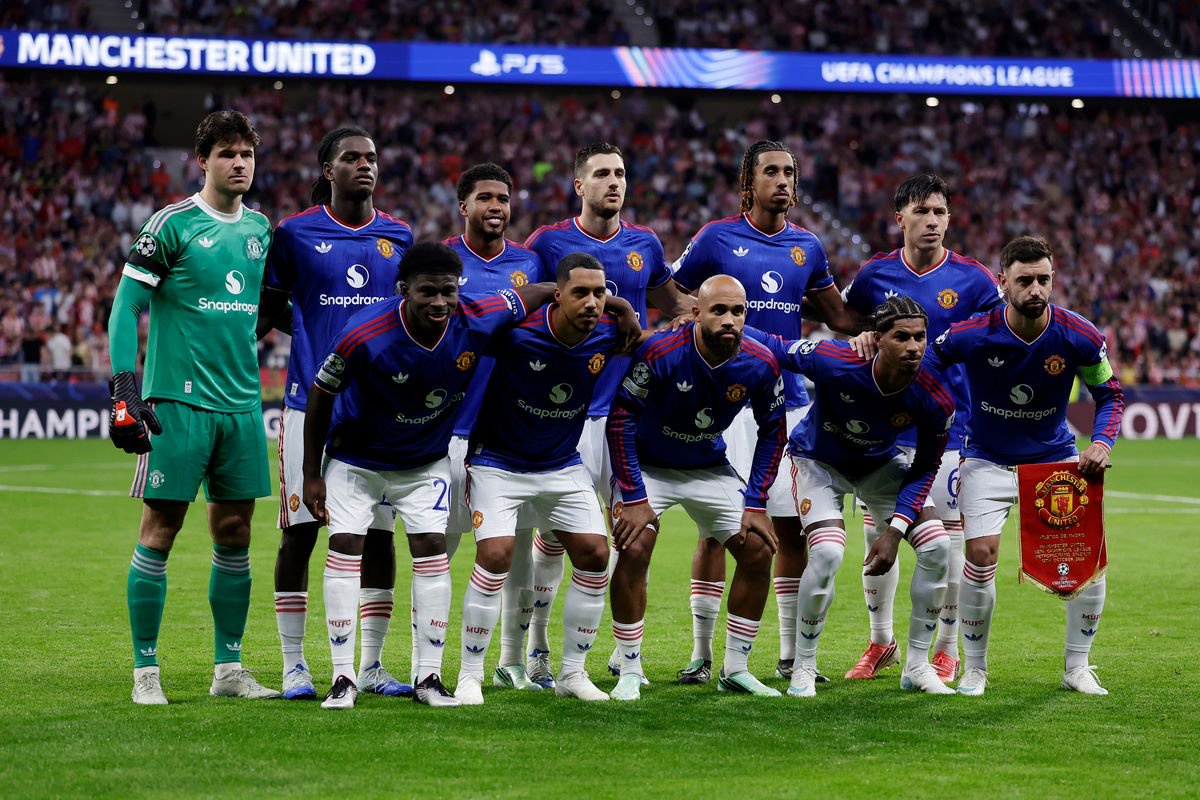 The Manchester United team pose for a pre-match picture ahead of the Champions League clash with Atletico Madrid in October 2026