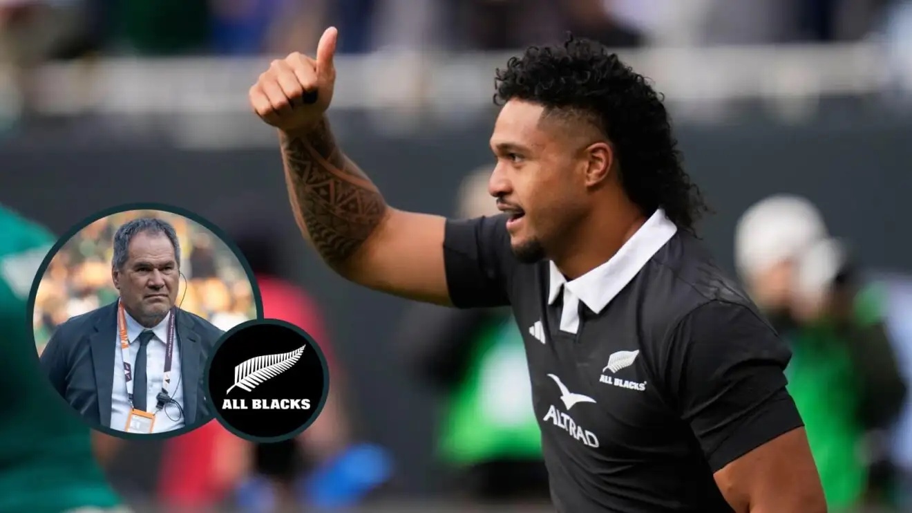 Leicester Fainga'anuku and an inset of All Blacks boss Dave Rennie.