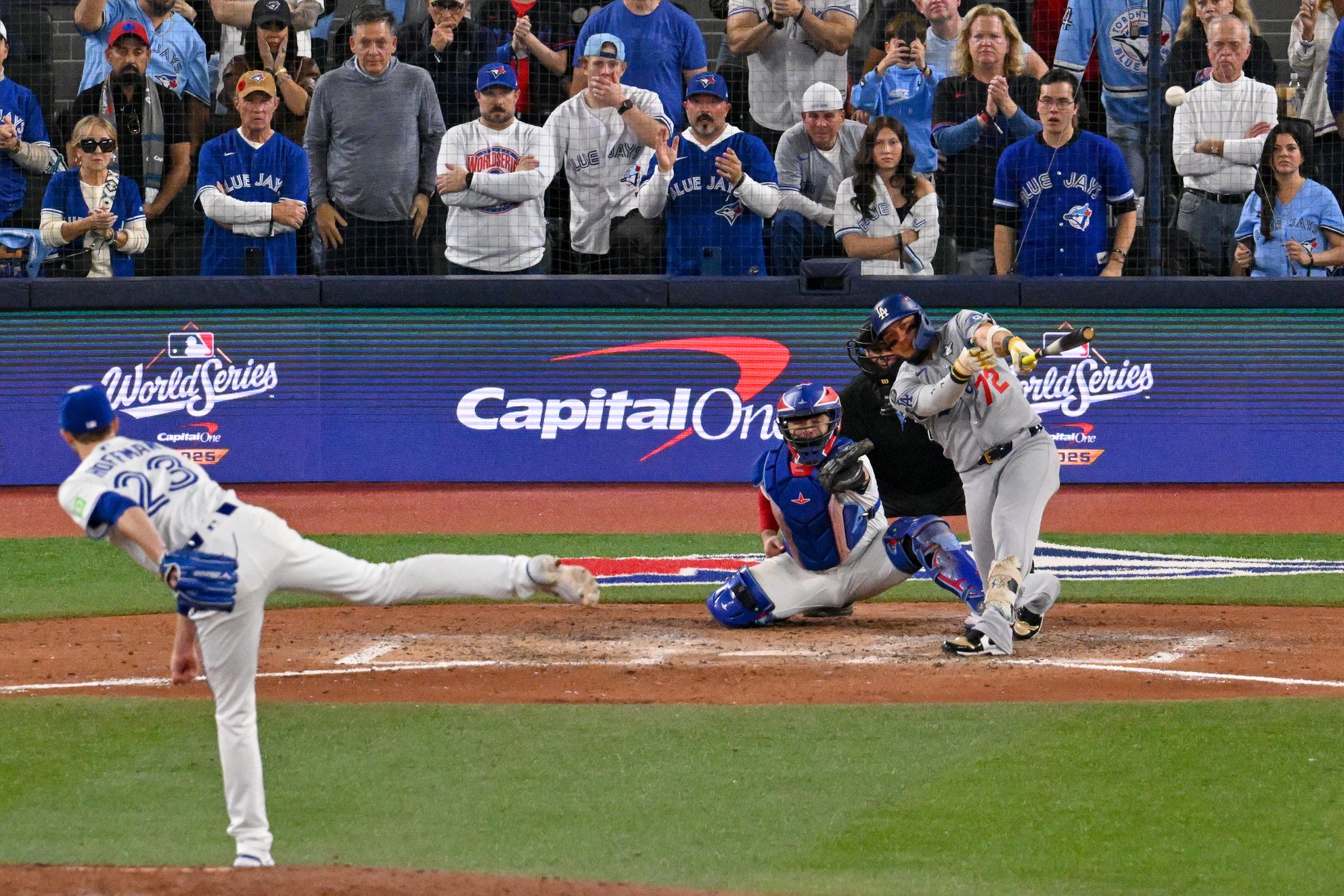 TORONTO, ON - NOVEMBER 01: Miguel Rojas #72 of the Los Angeles Dodgers hits a solo home run in the ninth inning during Game Seven of the 2025 World Series presented by Capital One between the Los Angeles Dodgers and the Toronto Blue Jays at Rogers Centre on Saturday, November 1, 2025 in Toronto, Ontario, Canada. (Photo by Jon Blacker/MLB Photos via Getty Images)