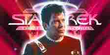 William Shatner as Captain Kirk is superimposed over the Star Trek V movie poster