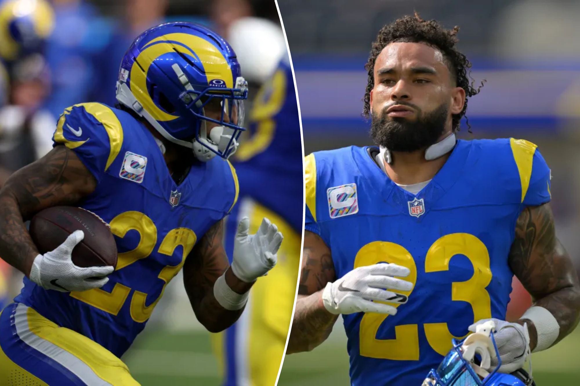 An image collage containing 2 images, Image 1 shows Los Angeles Rams running back carries the ball during the game against the Arizona Cardinals, Image 2 shows Los Angeles Rams defensive back Ronnie Rivers walks on the field during a game against the Arizona Cardinals