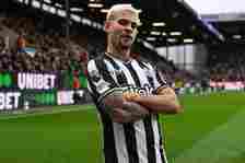 Bruno Guimaraes of Newcastle United (39) celebrates after scoring the third goal during the Premier League match between Burnley FC and Newcastle U...