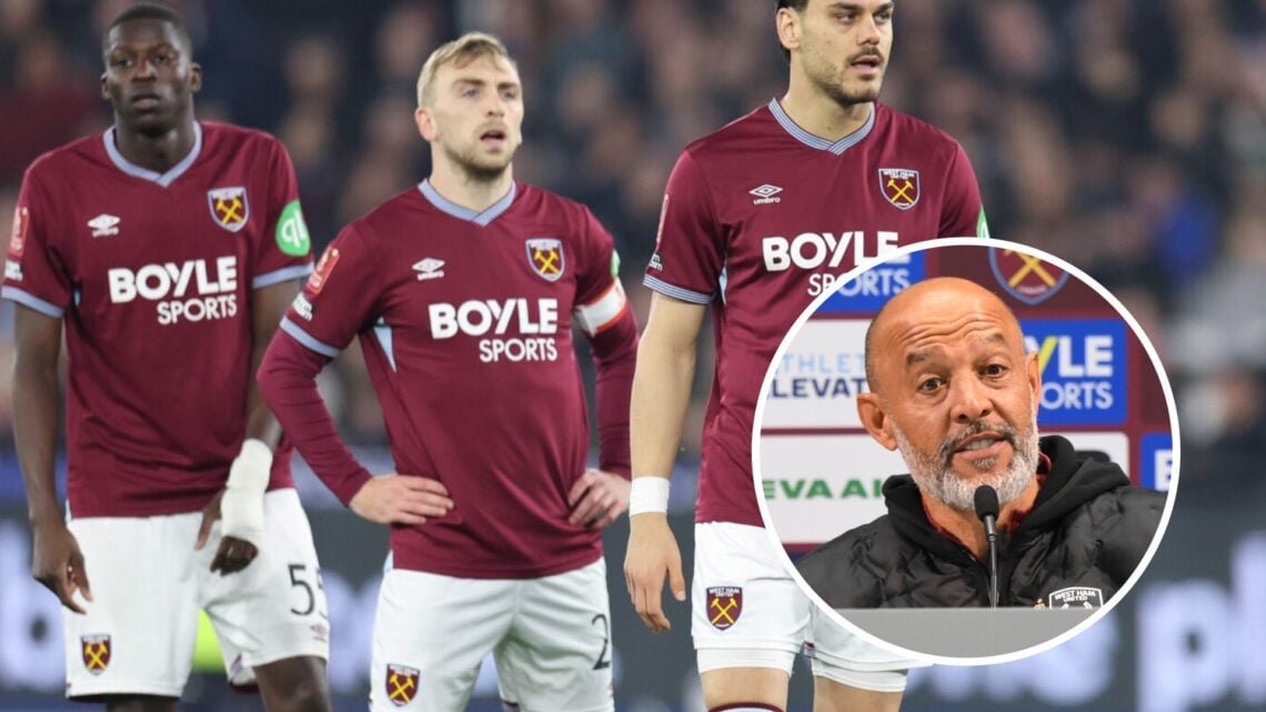 West Ham trio Mohamadou Kante, Jarrod Bowen and Konstantinos Mavropanos and, inset, Nuno Espirito Santo speaks to the press