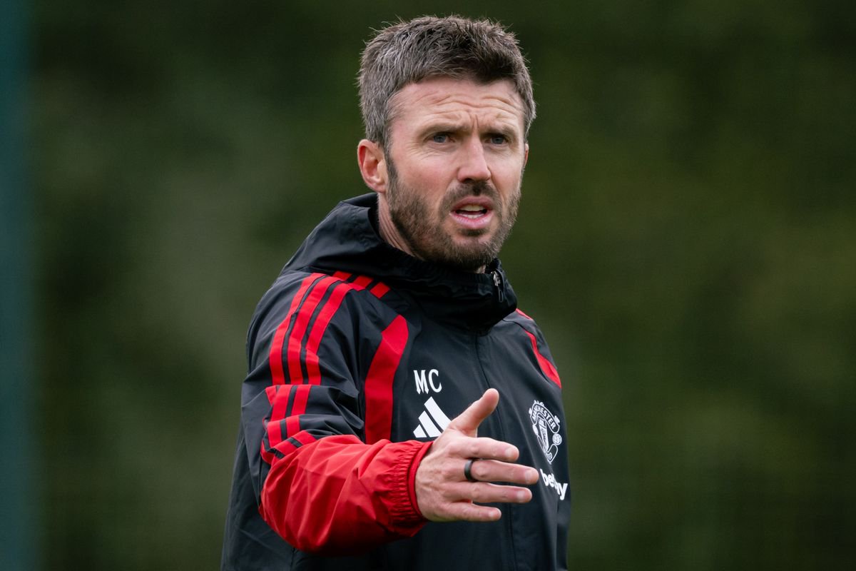 Manchester United Head Coach / Manager Michael Carrick reacts during a training session at Carrington Training Ground