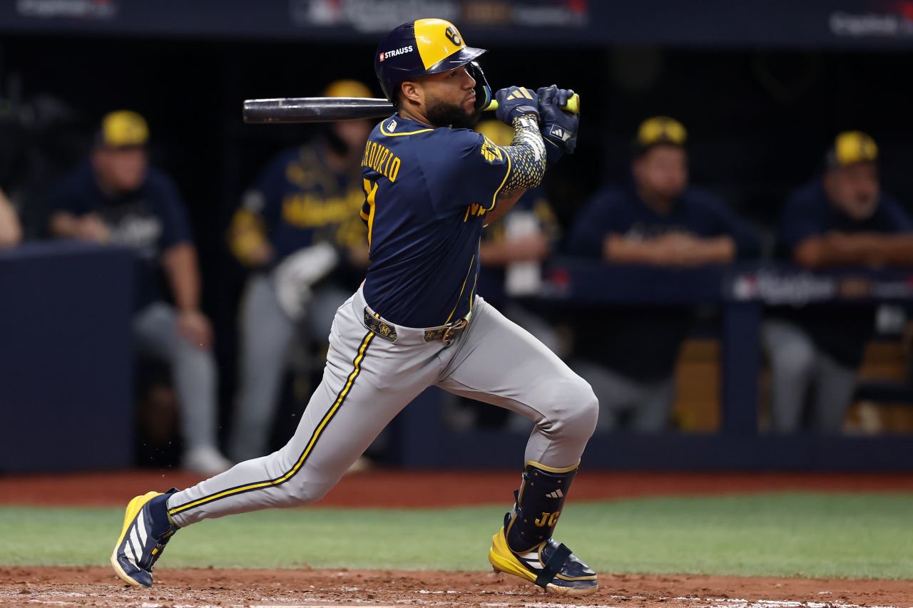 Milwaukee leadoff hitter Jackson Chourio hits a single in the fifth inning on Monday night.