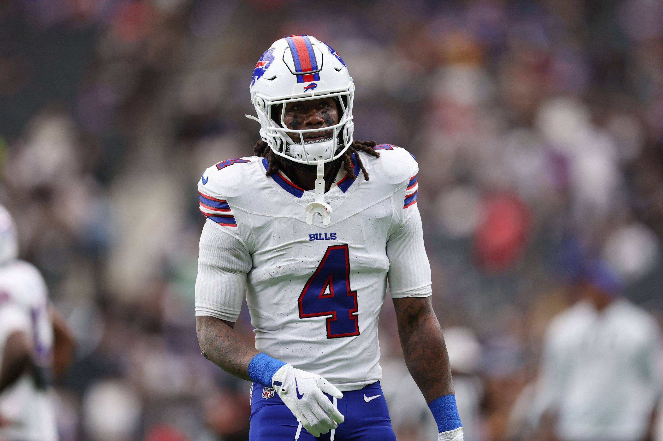 Oct 18, 2026; Paradise, Nevada, USA; Buffalo Bills running back James Cook (4) warms up on the field before the game against the Las Vegas Raiders at Allegiant Stadium. Mandatory Credit: David Brytus-Imagn Images