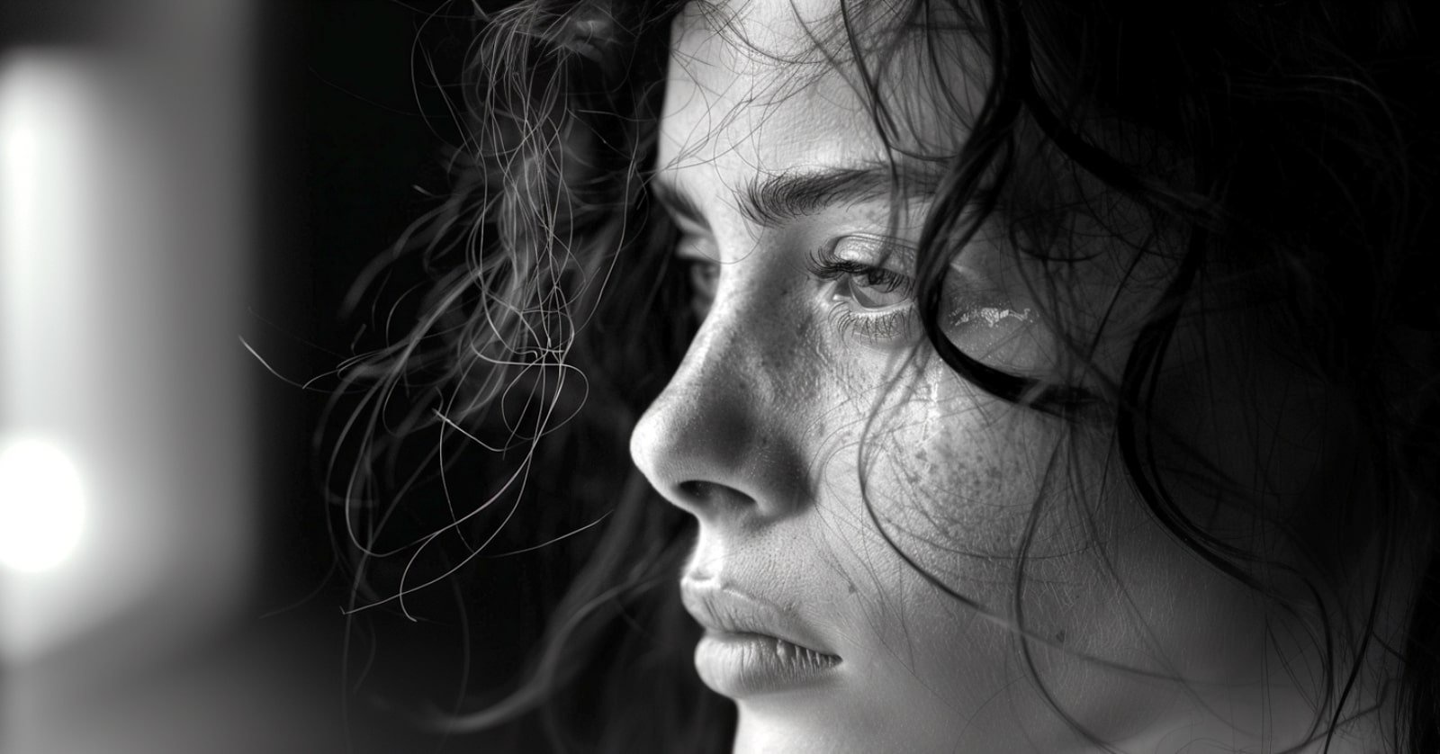 black and white closeup photo of a young woman with a tear near her eye
