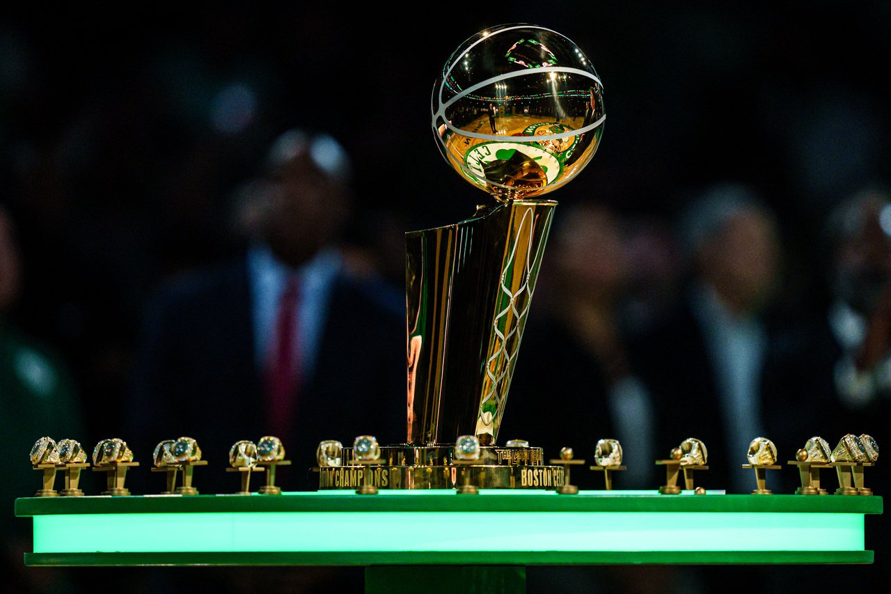 Oct 22, 2024; Boston, Massachusetts, USA; Boston Celtics championship rings during the opening night banner raising ceremony before the start of the game against the New York Knicks at TD Garden. Mandatory Credit: David Butler II-Imagn Images