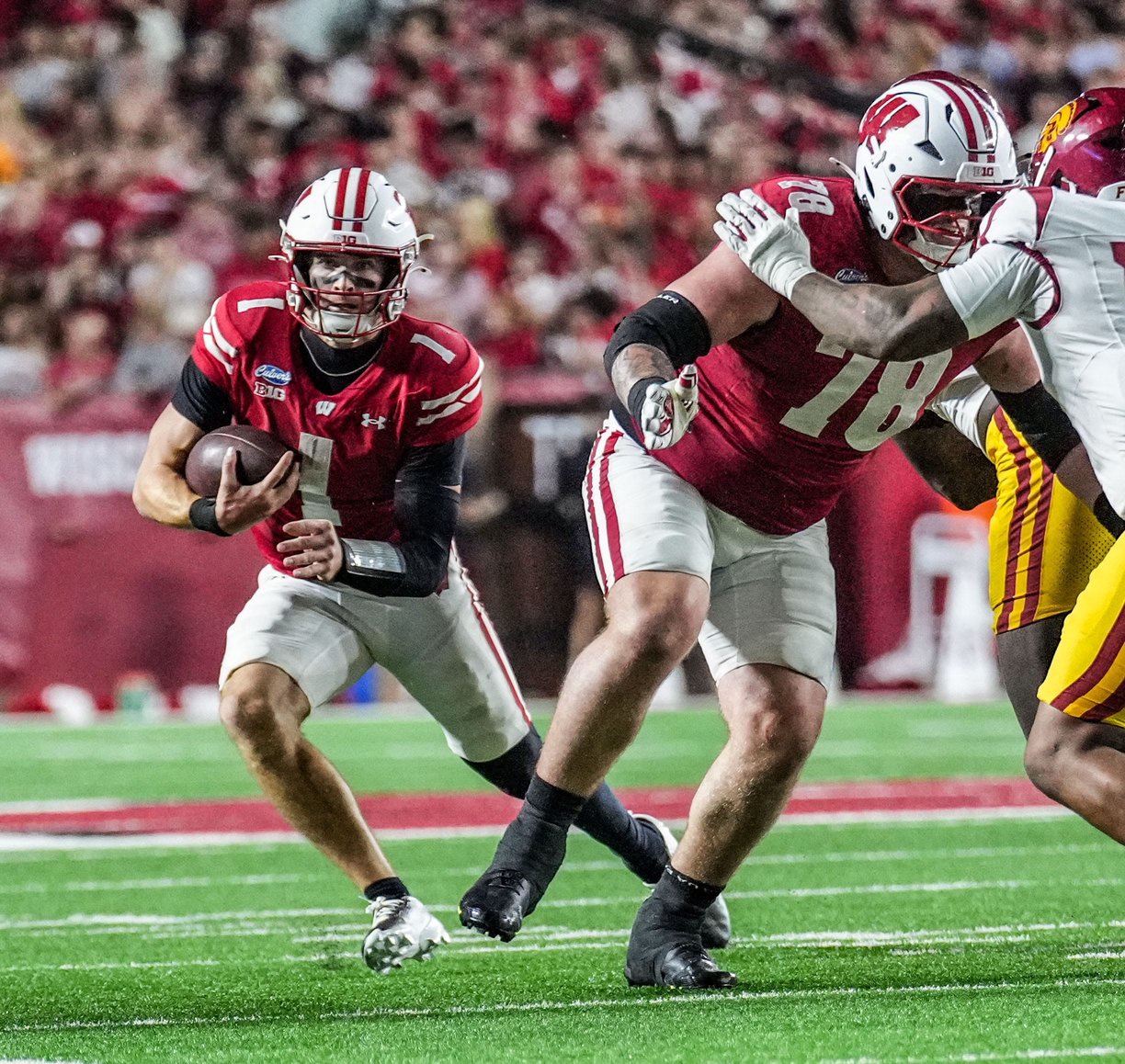 Wisconsin Badgers quarterback Colton Joseph (1) runs during the game against USC, Oct. 24, 2026, at Camp Randall Stadium in Madison, Wisconsin.