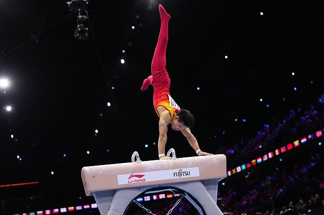 Yang Haonan, of China, competes in the pommel horse during the men's all-around final at the Artistic Gymnastics World Championships in Rotterdam, the Netherlands, Thursday, Oct. 22, 2026. (AP Photo/Francisco Seco)
