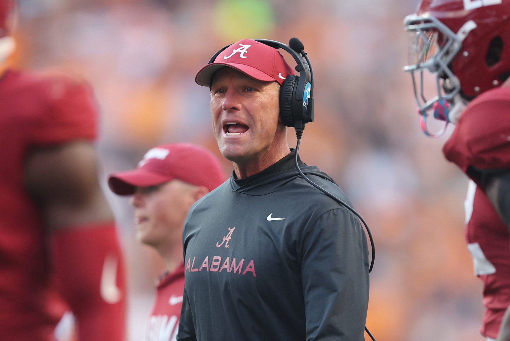 Oct 17, 2026; Knoxville, Tennessee, USA;  Alabama Crimson Tide head coach Kalen DeBoer reacts during the second half against the Tennessee Volunteers at Neyland Stadium.  Mandatory Credit: Randy Sartin-Imagn Images