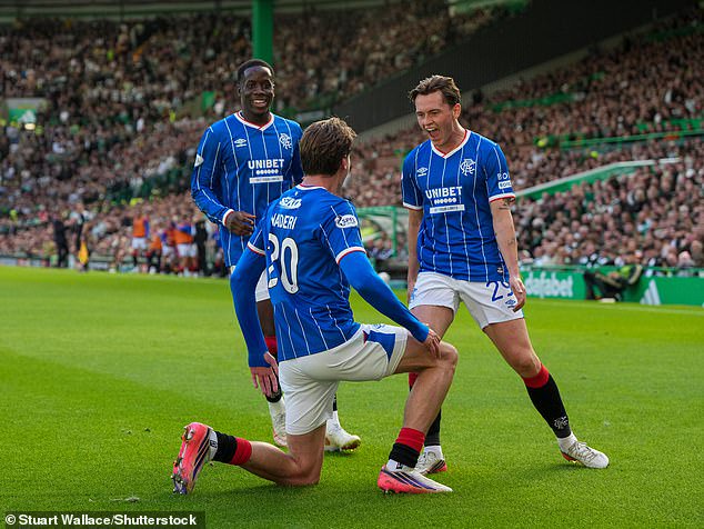 Rangers players celebrate with scorer Ryan Naderi after 1-0 win at Celtic Park