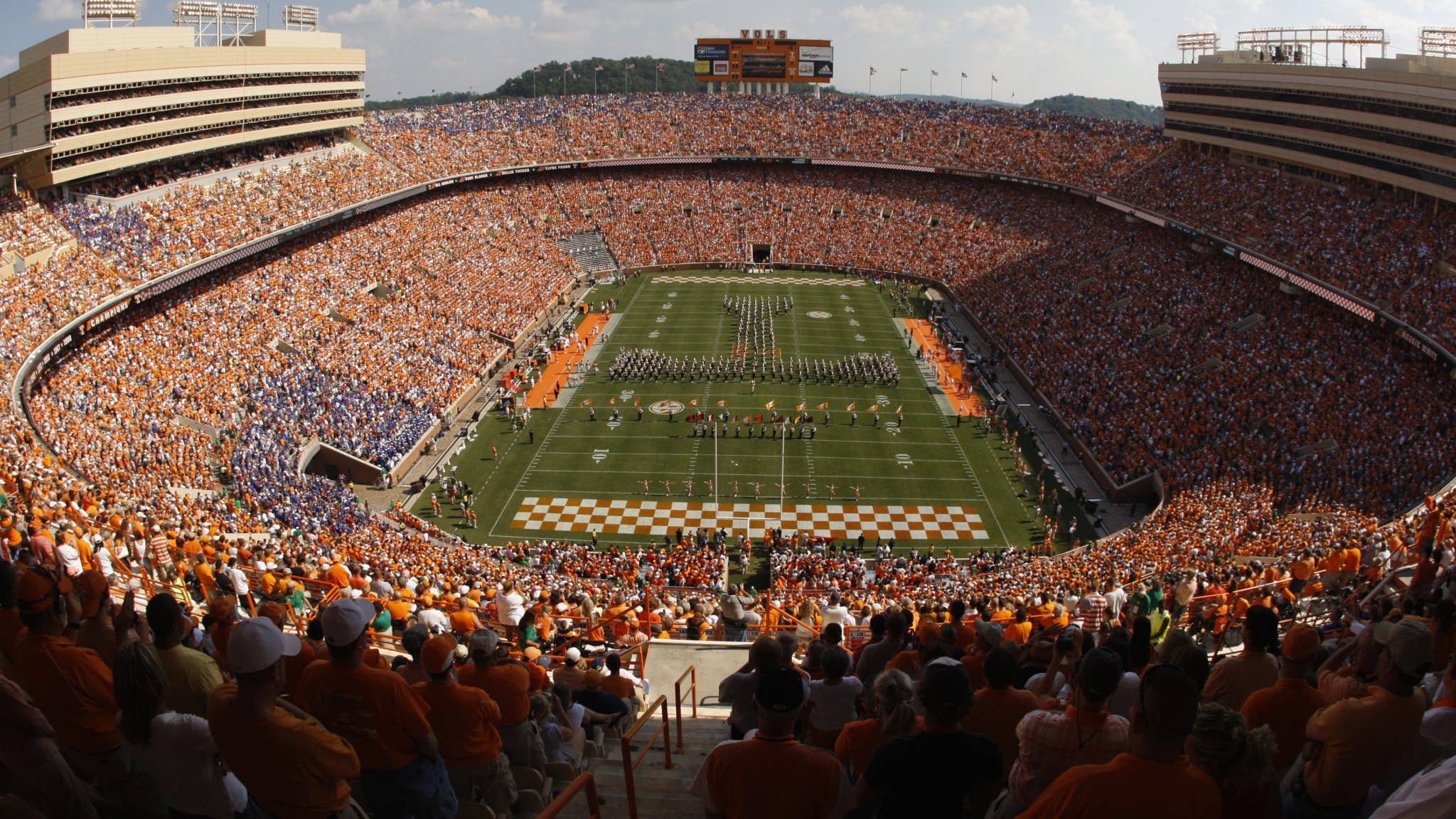 A high end zone view of the field at Neyland Stadium.