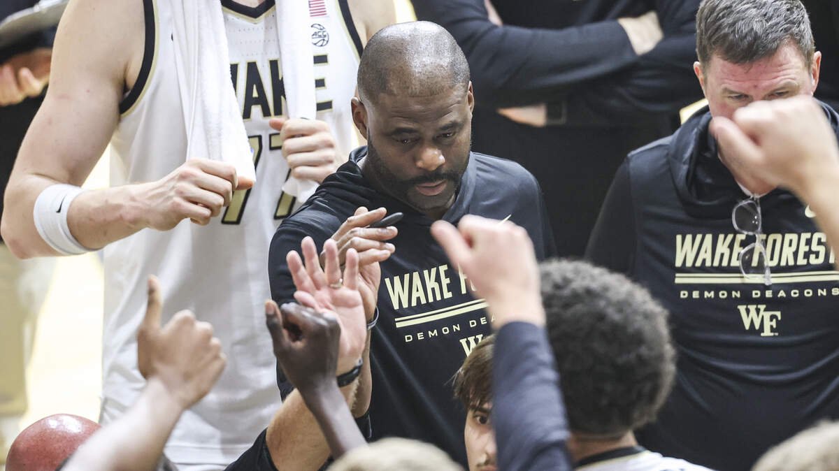 Wake Forest assistant coach BJ McKie huddles with the team during the second half of action of their basketball game against Wake Forest in the Scout Exhibition at the Rock Hill Sports & Event Center on Thursday, Oct. 15, 2026.