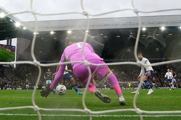 Manchester City keeper Gianluigi Donnarumma dives over a shot from Aston Villa´s Nicolas Jackson at Villa Park (Nick Potts/PA).