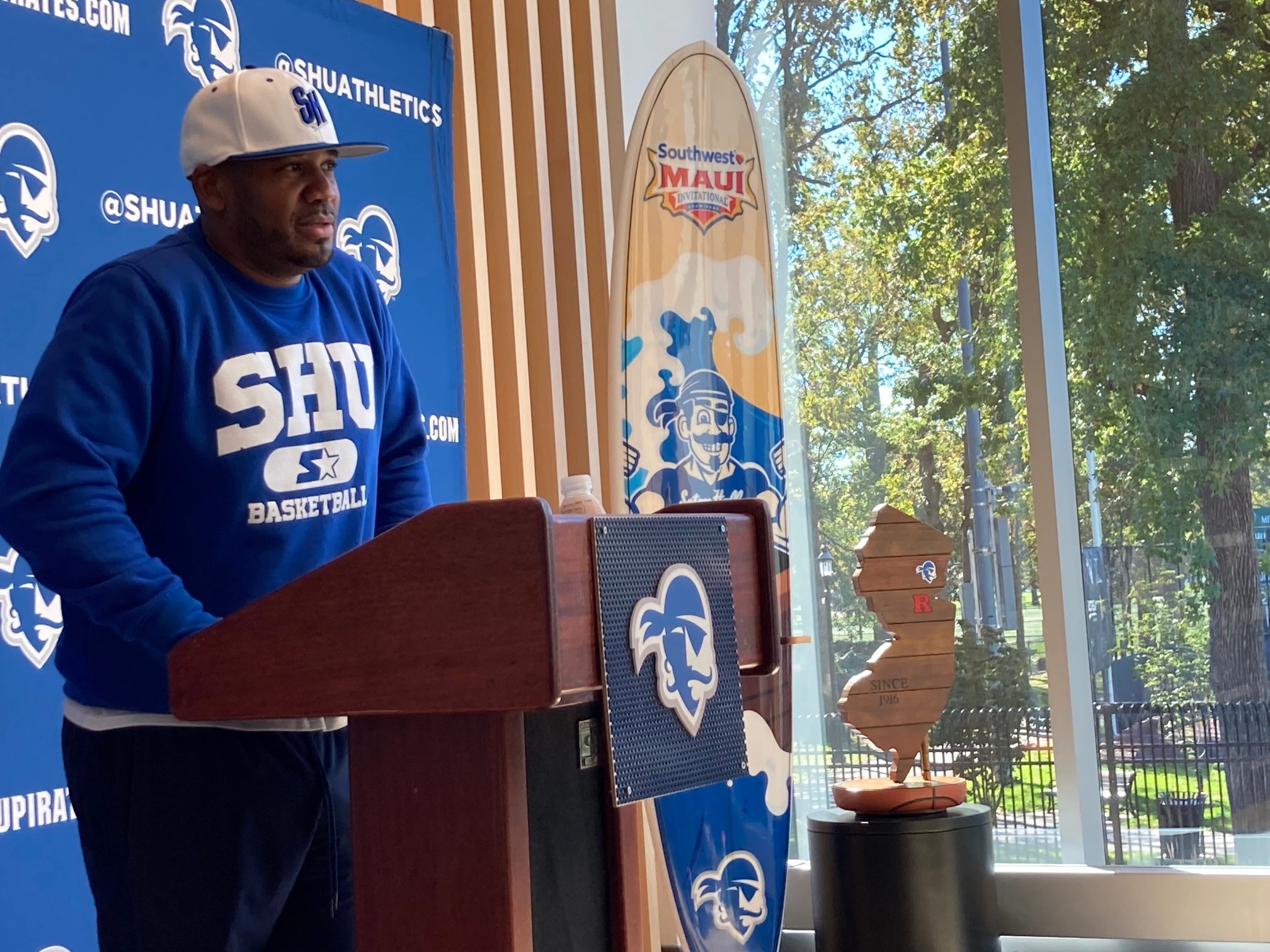 Seton Hall basketball coach Shaheen Holloway addresses reporters during the program's 2026 media day