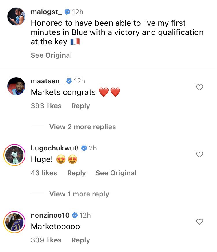 Lesley Ugochukwu responds to Malo Gusto on Instagram after senior France debut.