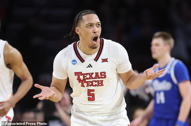 FILE - Texas Tech forward Darrion Williams (5) gestures to the crowd during the second half against Drake in the second round of the NCAA college basketball tournament, March 22, 2025, in Wichita, Kan. (AP Photo/Travis Heying, File)