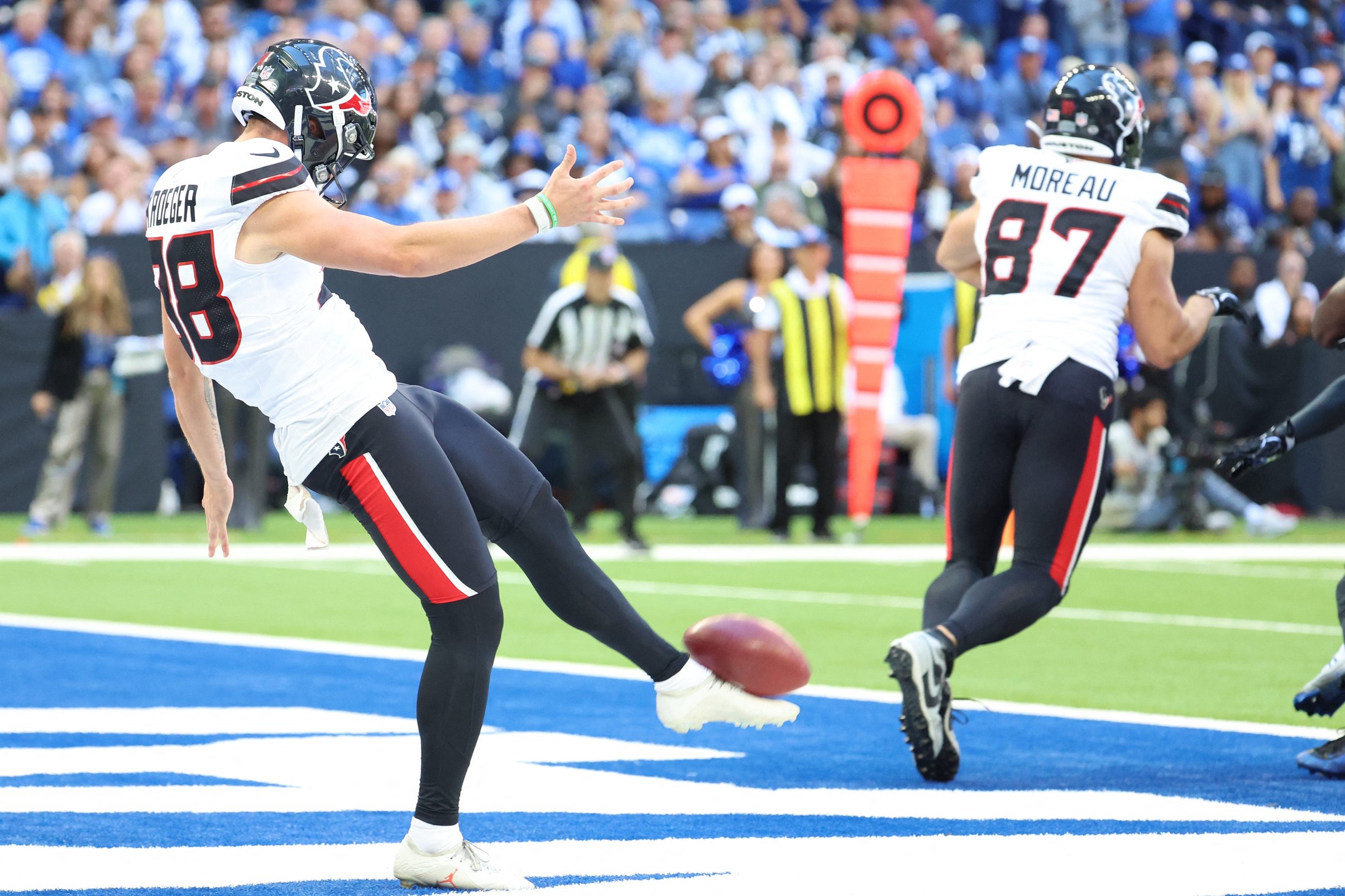 Sep 27, 2026; Indianapolis, Indiana, USA;  Houston Texans punter Kai Kroeger (38) punts the ball against the Indianapolis Colts in the second half at Lucas Oil Stadium.  Mandatory Credit: Trevor Ruszkowski-Imagn Images