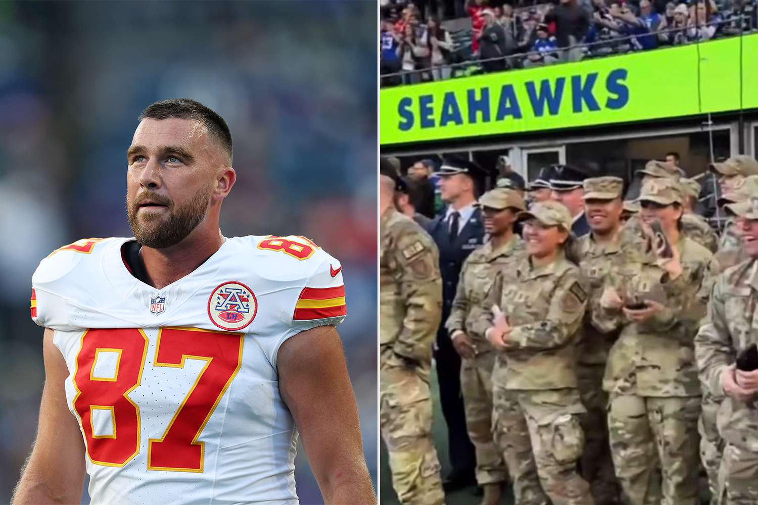 Travis Kelce thanks U.S. service members before the Chiefs-Seahawks game on Sunday, Oct. 25, 2026.Credit: Caleb Bowlin/Getty; ESPN NFL/Instagram