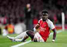 Bukayo Saka of Arsenal looks on during the Premier League match between Arsenal FC and Chelsea FC at Emirates Stadium on April 23, 2024 in London, ...