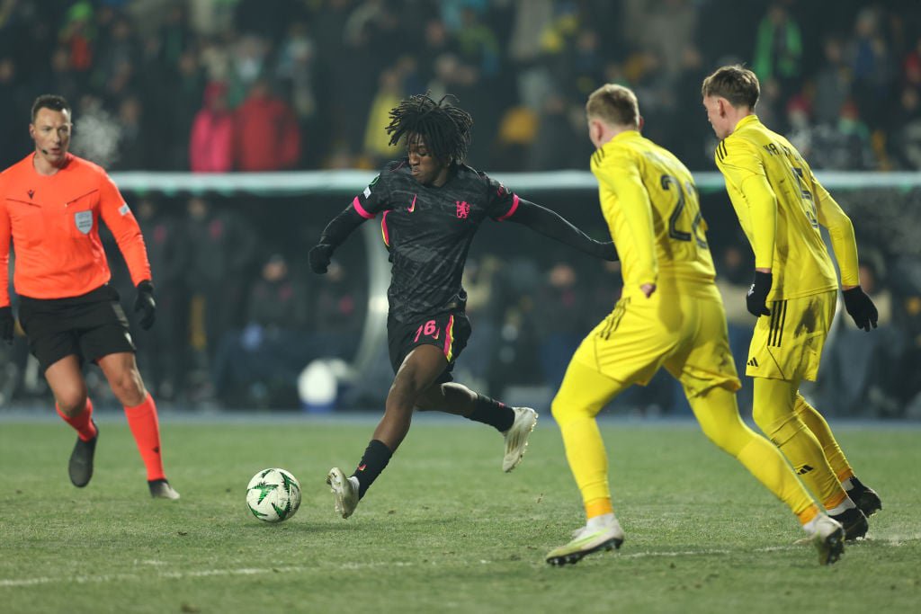Shim Mheuka of Chelsea shoots whilst under pressure during the UEFA Conference League 2024/25 League Phase MD5 match between FC Astana and Chelsea ...