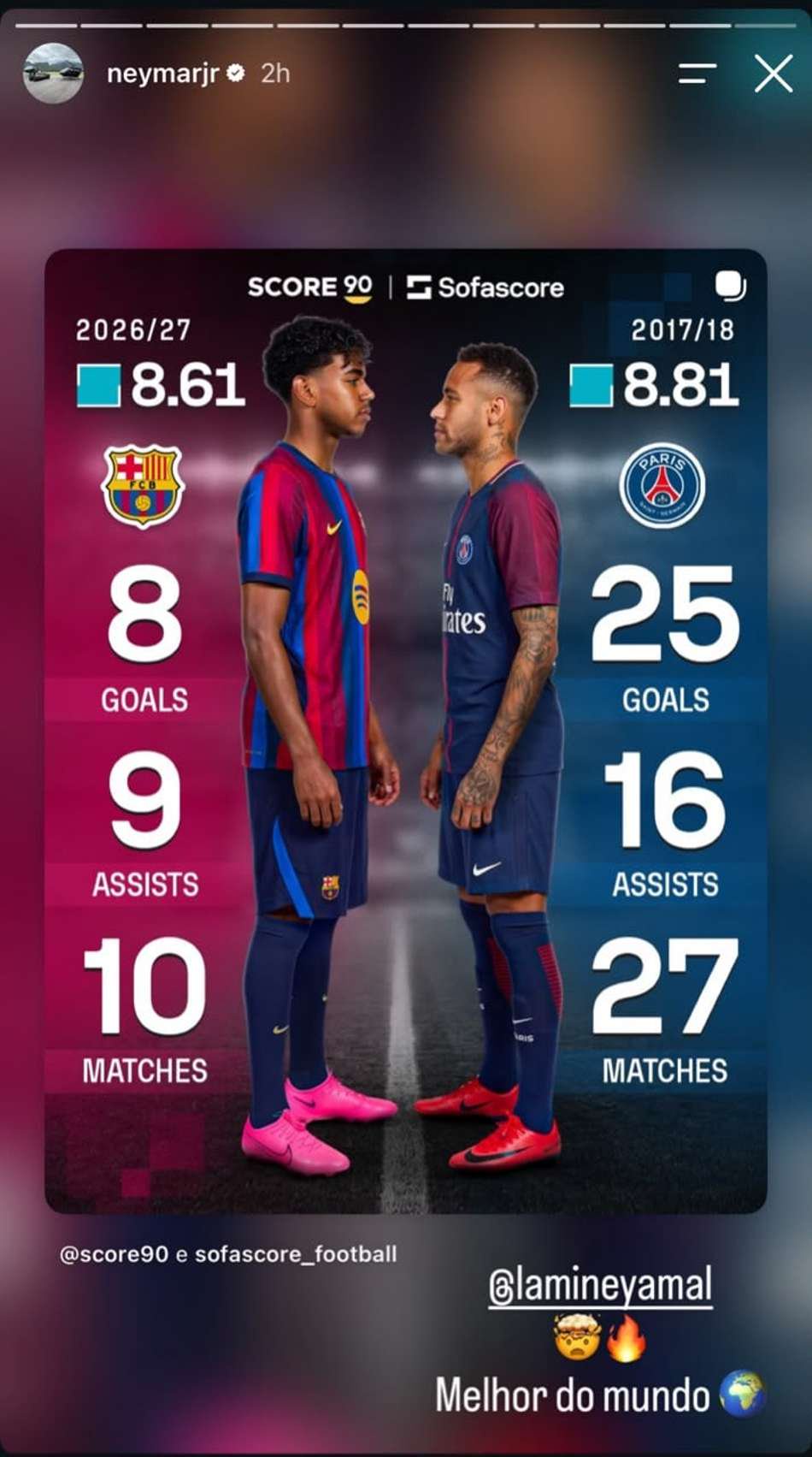 Neymar publica em suas redes socias comentário a Lamine Yamal: "Melhor do mundo"
