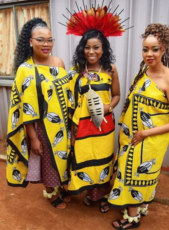 Three ladies dressed in Swazi trafitional attire