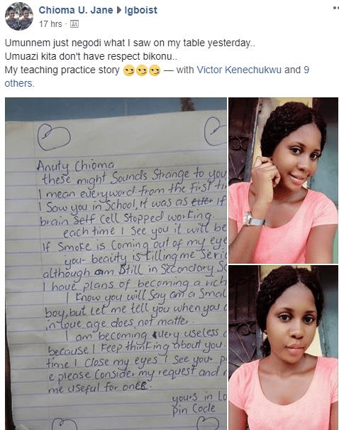 JSS1 student writes love letter to his beautiful teacher, Chioma
