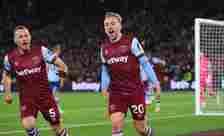 Jarrod Bowen of West Ham United celebrates with Vladimir Coufal after scoring their second goal during the Premier League match between West Ham Un...