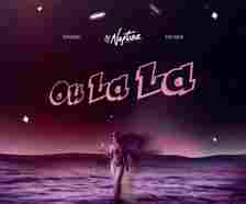 The cover art for "Ou La La" by DJ Neptune, featuring Savage and Erigga, has a surreal, cosmic theme. It depicts a woman in a bikini standing on a vast body of water under a dark, starry sky. Her long hair flows dramatically, and the water reflects the hues of the sky, creating a mystical atmosphere. The title "Ou La La" is prominently displayed in bold, pink, retro-styled font in the center of the image, with the names "Savage" and "Erigga" appearing smaller above it. The artist's name, "DJ Neptune," is written in a stylish, white script above the title. The overall mood of the artwork is dreamy and otherworldly.