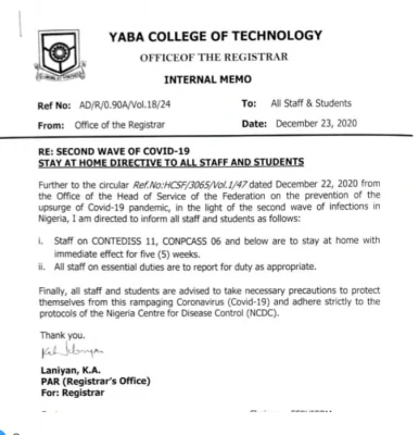 COVID-19: Yabatech issues stay at home directive to staff and students