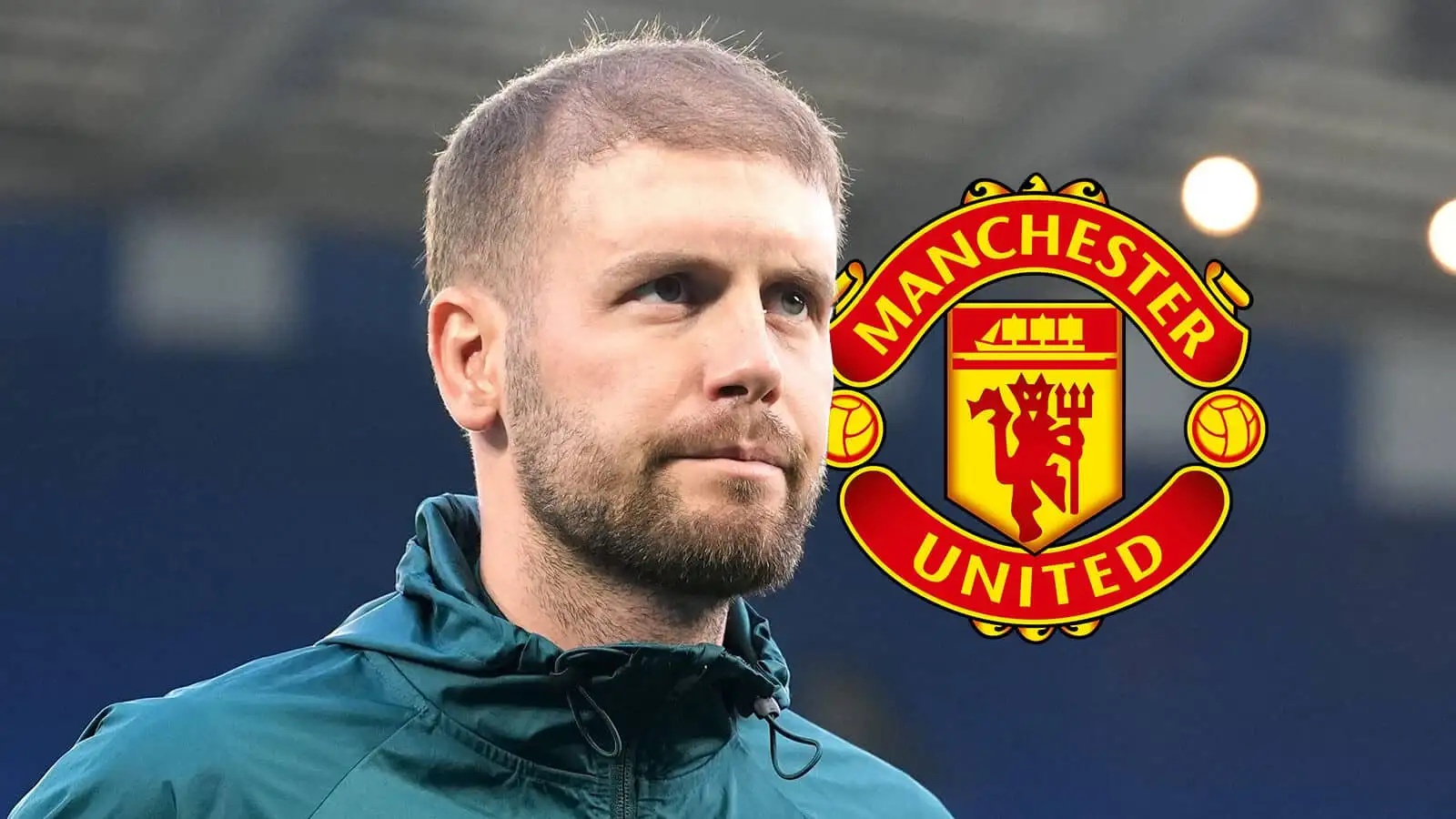 Brighton and Hove Albion manager Fabian Hurzeler next to Manchester United badge - copyright TEAMtalk