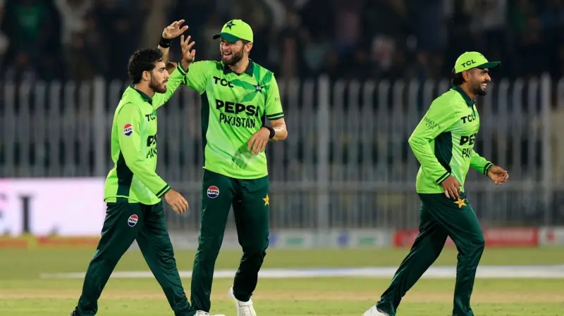 Pakistan players celebrate after the dismissal of England's Jamie Overton