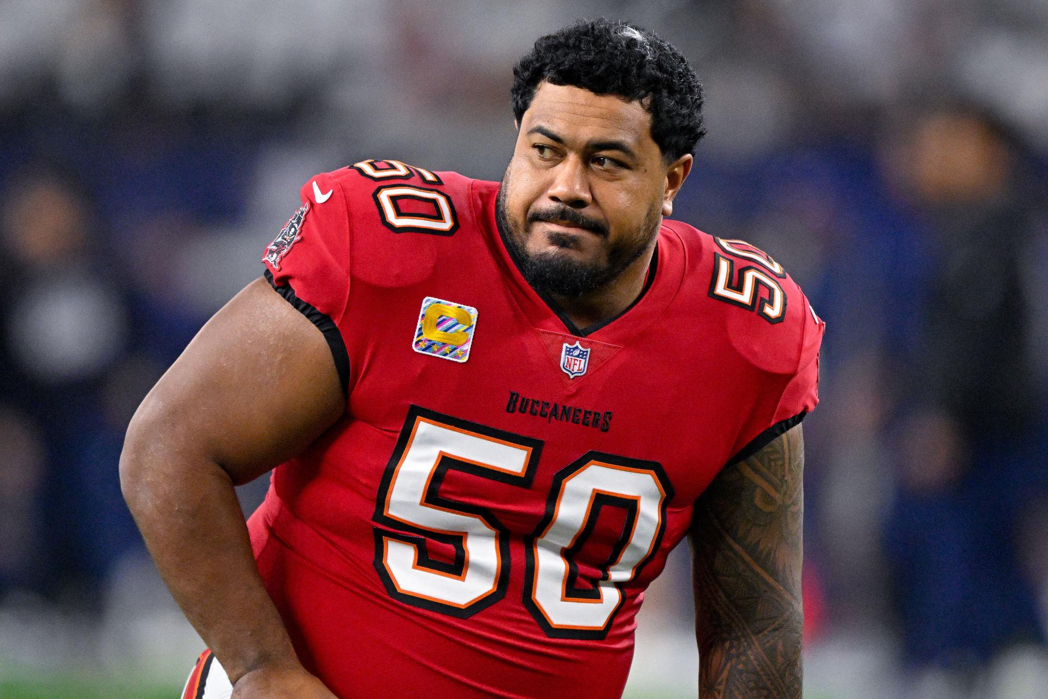 Tampa Bay Buccaneers defensive tackle Vita Vea (50) warms up before a game.